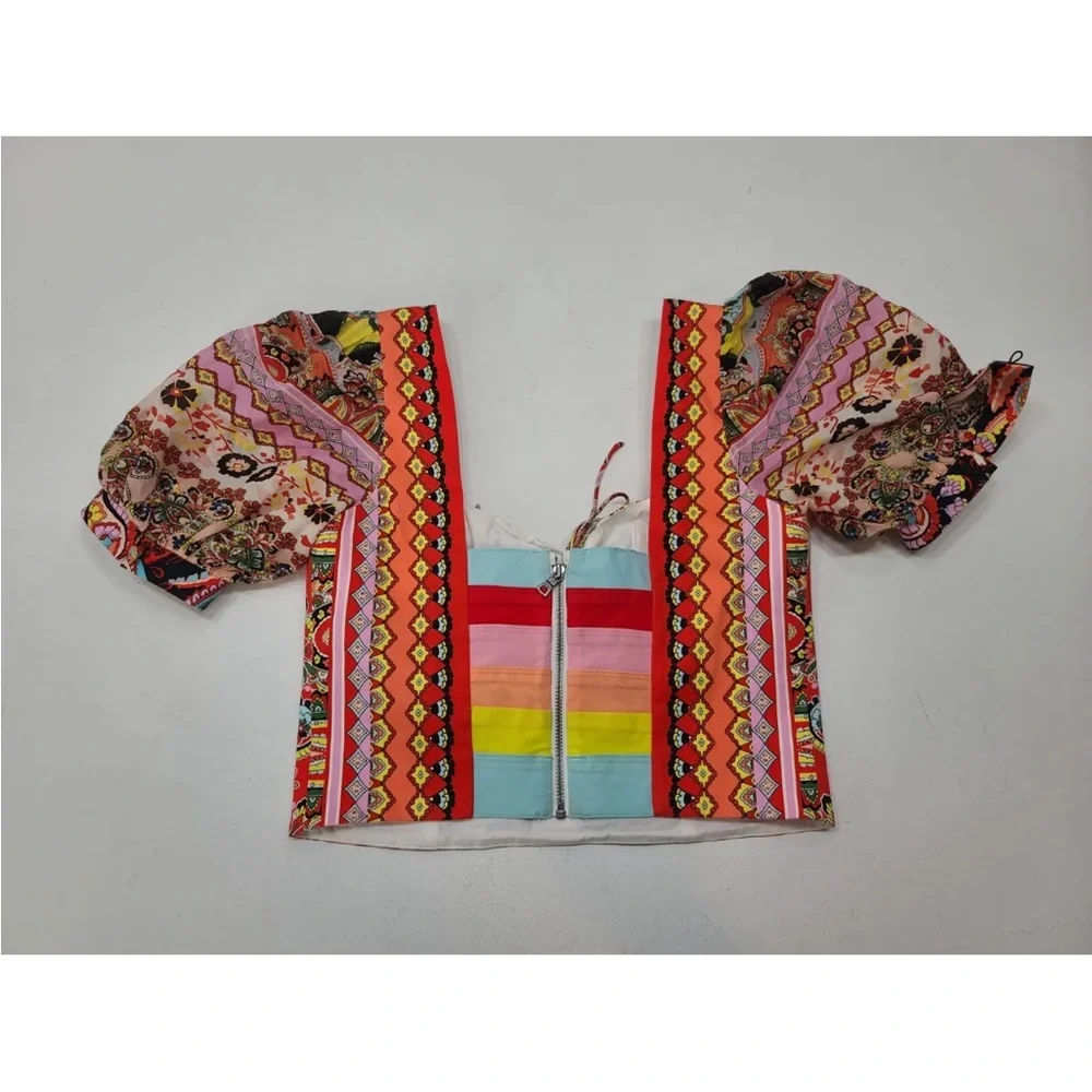 Alice + Olivia Margarite Tie Front Cropped Puff Sleeve Crop Top Size XS READ - Picture 2 of 9